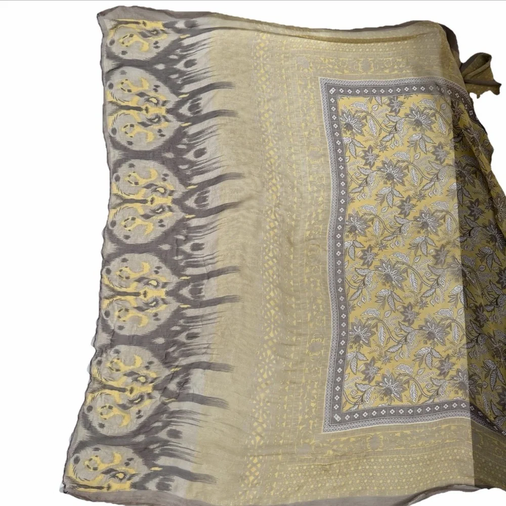 Silk Scarf Floral Aztec Ethnic Print Boho Bohemian Lightweight Yellow Taupe